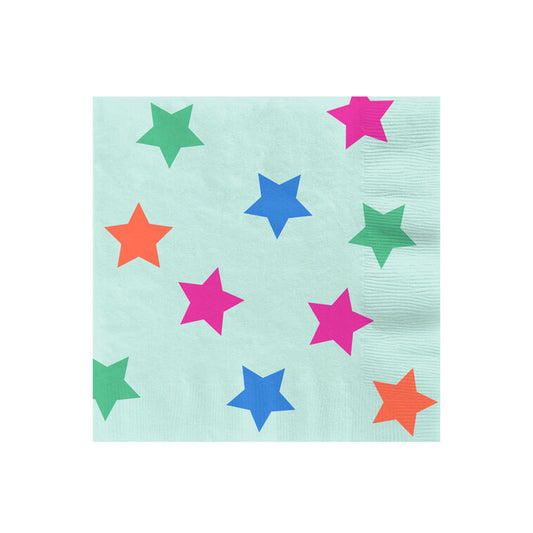 Colorful Stars on Mint Cocktail Napkins, Set of 16