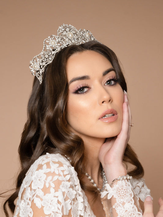 Spencer Royal-Pearls Swarovski Bridal Crown, Glorious And Stunning Wedding Crown