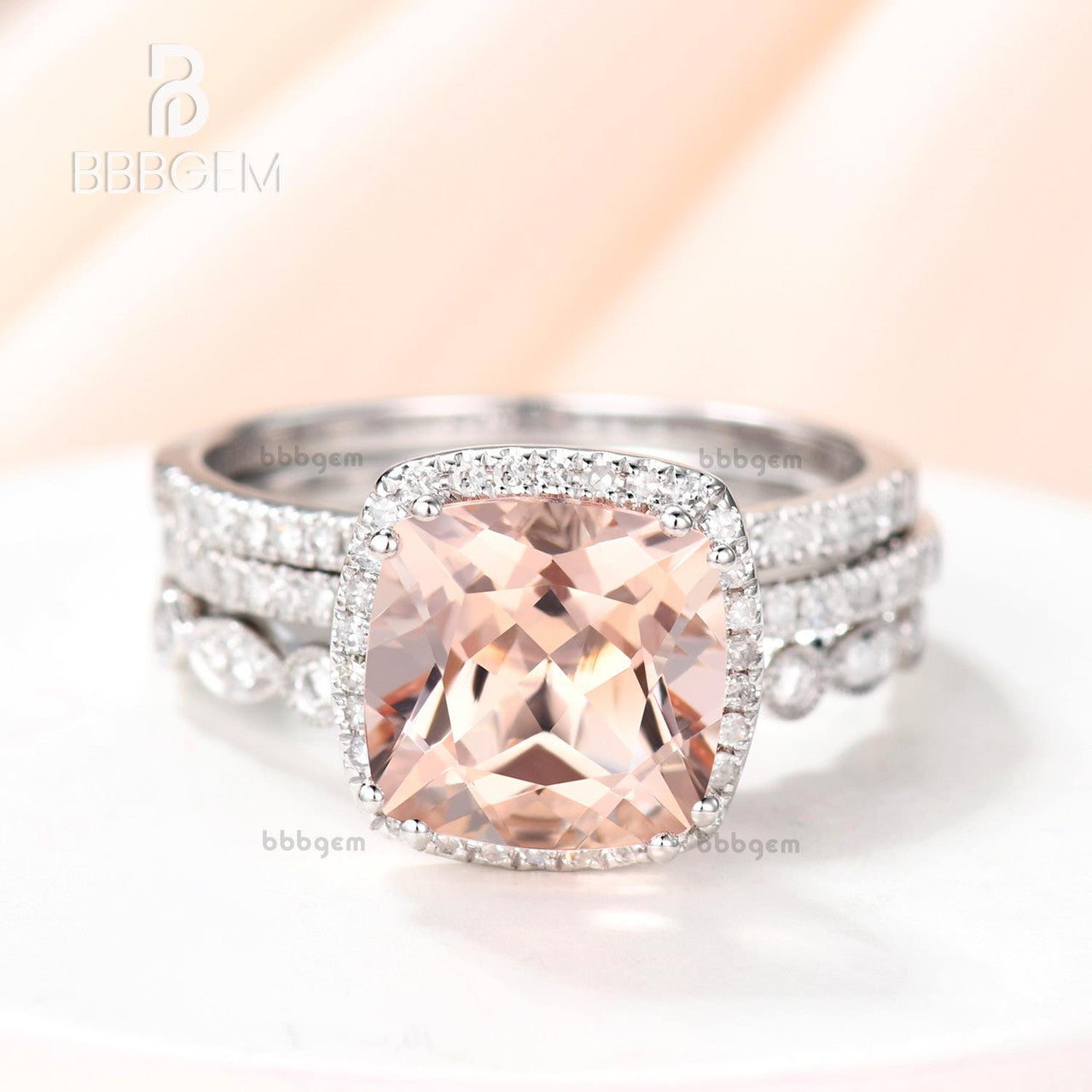 3 Carat Cushion Morganite Wedding Set Three Pieces Diamond Art Deco Half Eternity Rose Gold Engagement Ring