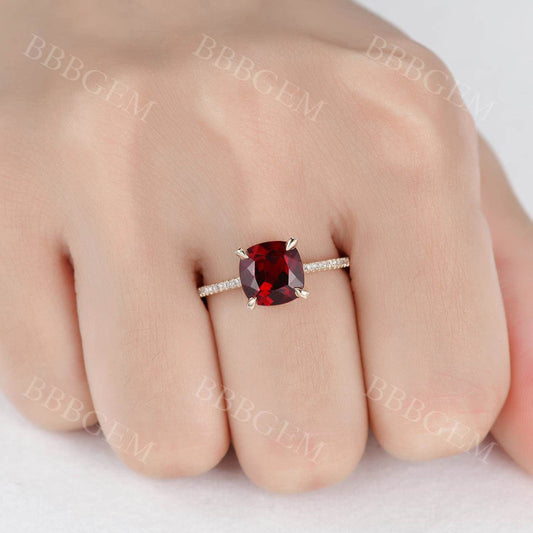 2.5 Carat Cushion Cut Red Garnet Promise Ring Half Eternity Diamond Band Rose Gold