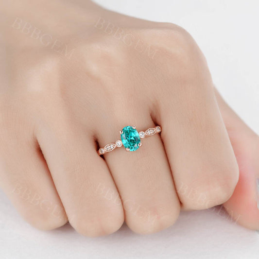 6x8mm Oval Cut Garnet Promise Ring Rose Gold Half Eternity Diamond Band