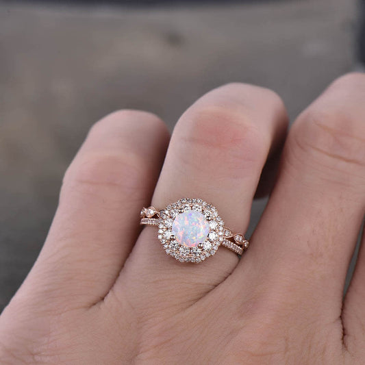 Female Opal Engagement Ring Bridal Set Rose Gold Filigree Milgrain Antique
