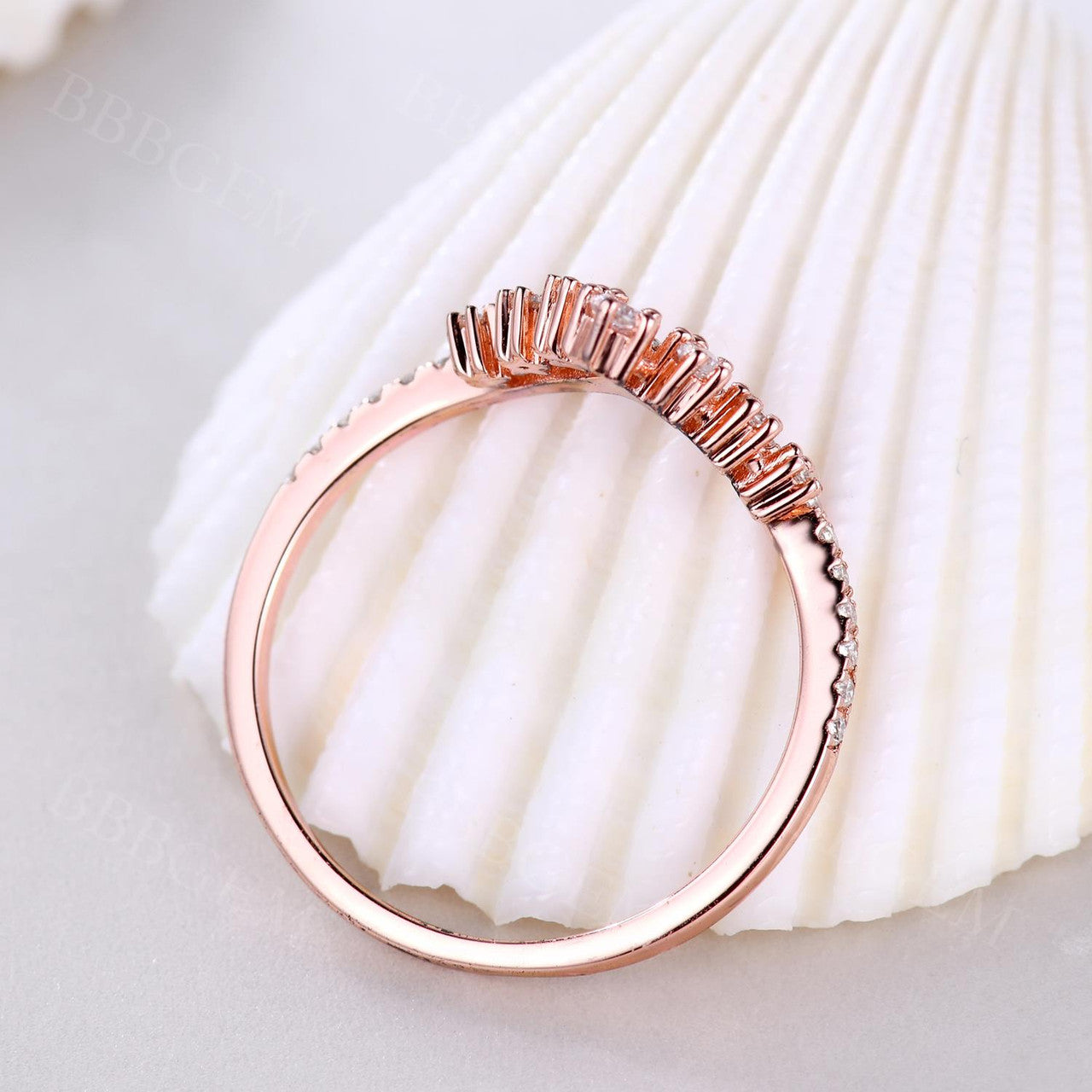Delicate Moissanite Wedding Band Curved V Moissanite Wedding Band Rose Gold