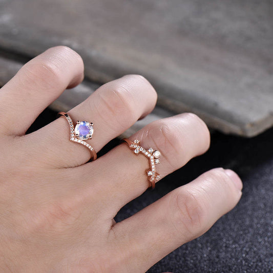 14K/18K Rose Gold Rainbow Moonstone Diamond Engagement Ring Wedding Set