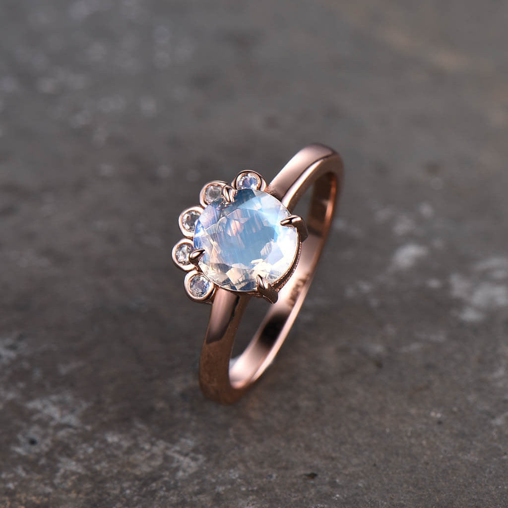 Floral Rainbow Moonstone Engagement Ring Five Stones