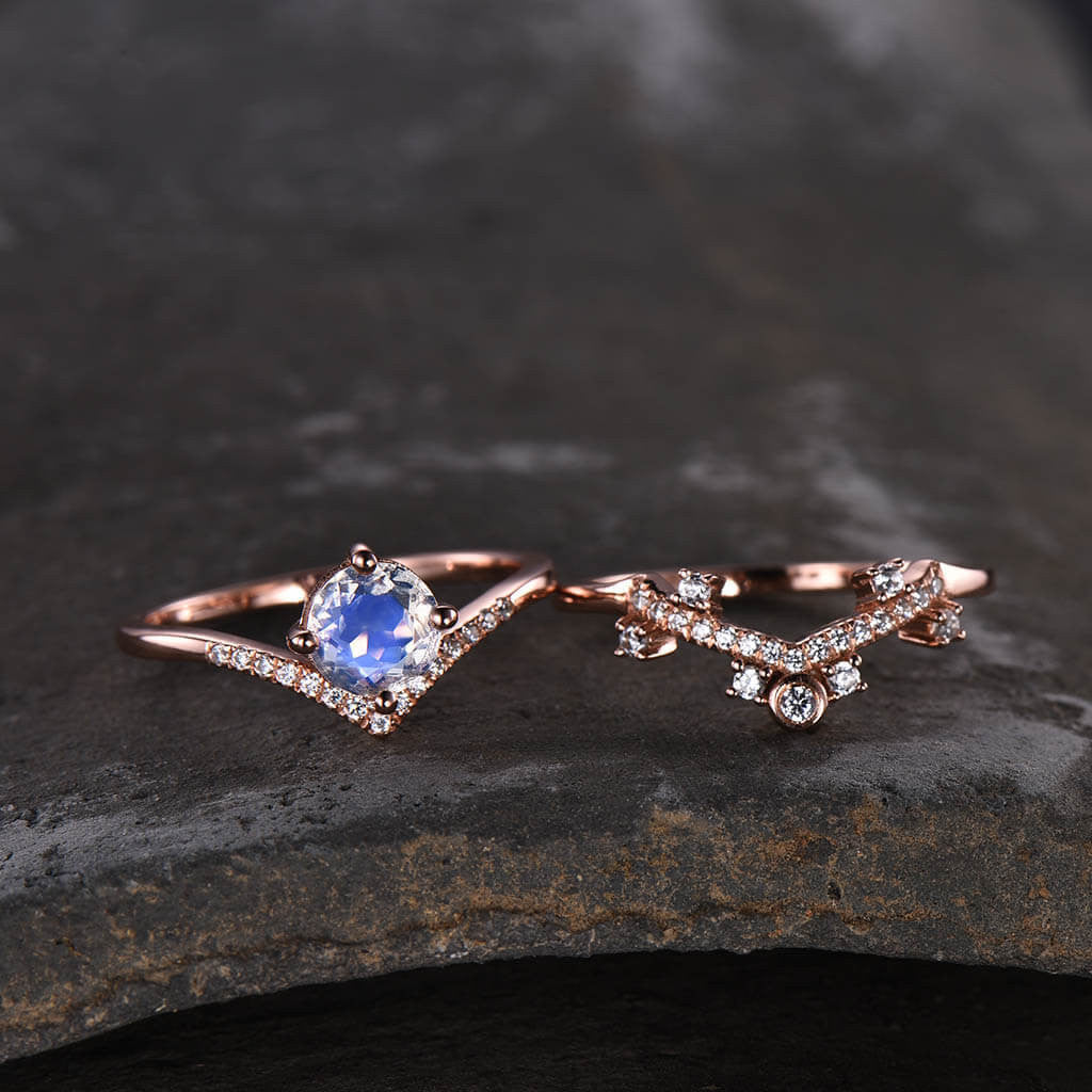 14K/18K Rose Gold Rainbow Moonstone Diamond Engagement Ring Wedding Set