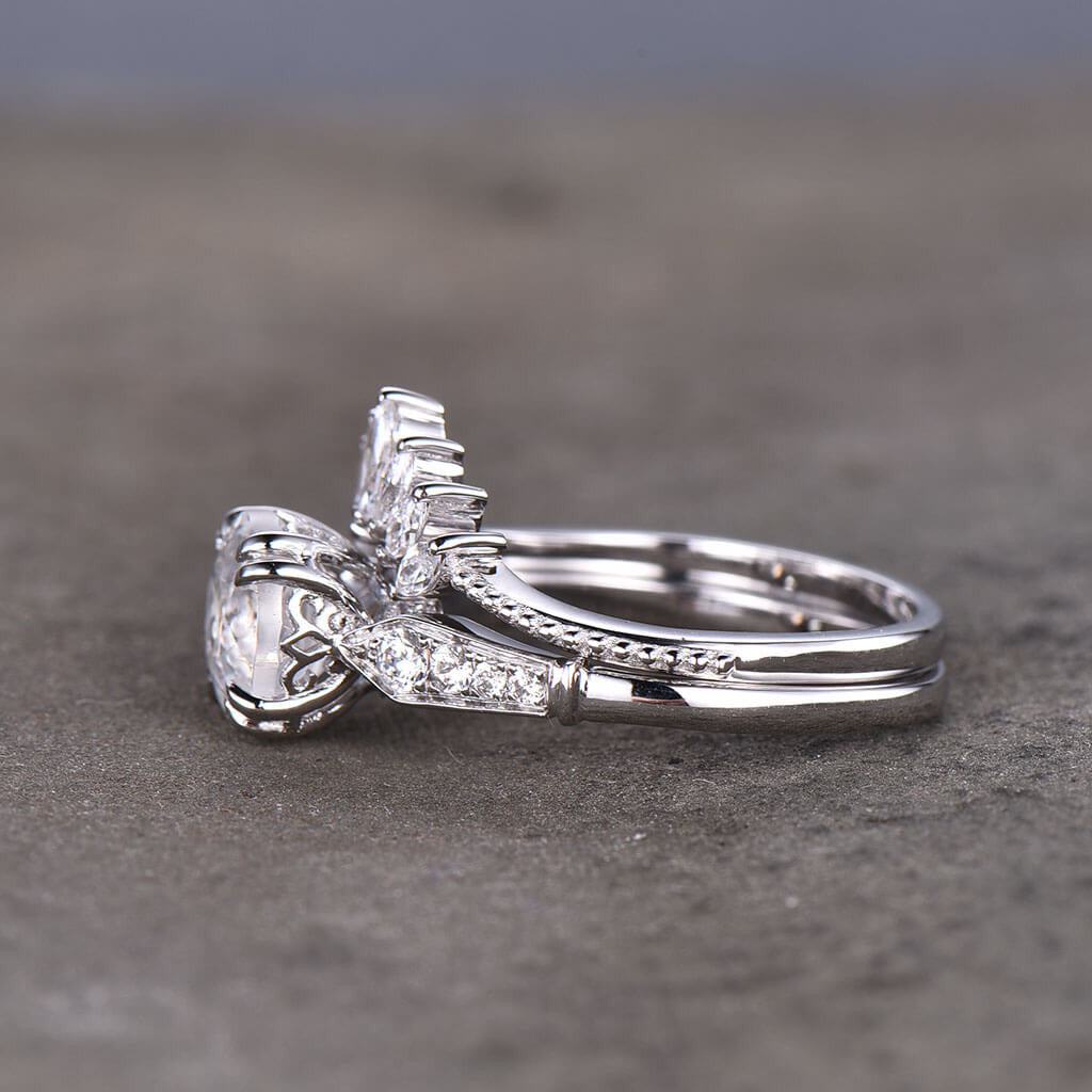 Female Moonstone Bridal Set Solitaire Rose Gold,Art Deco Moissanite Matching Band