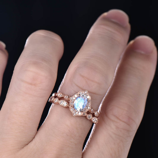 14K/18K Rose Gold Rainbow Vintage Milgrain Moonstone Diamond Bridal Set Marquise Band