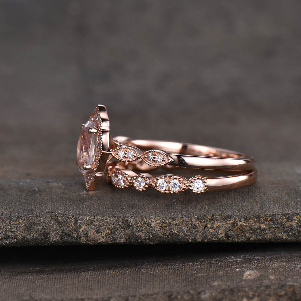 14K/18K Rose Gold Rainbow Vintage Milgrain Moonstone Diamond Bridal Set Marquise Band