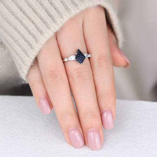 10x7mm Kite Cut Blue Sandstone Engagement Ring Pear Round Cut Moissanite In White Gold