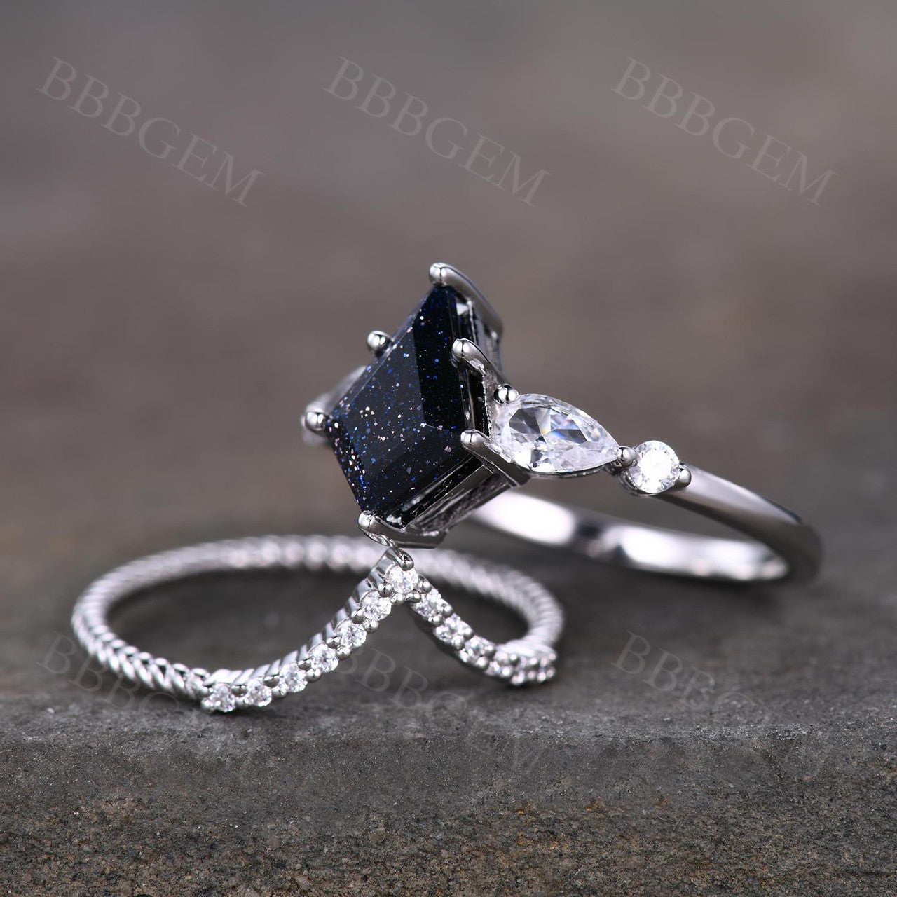 10x7mm Kite Cut Blue Sandstone Engagement Ring Curved Moissanite Matching Band In White Gold