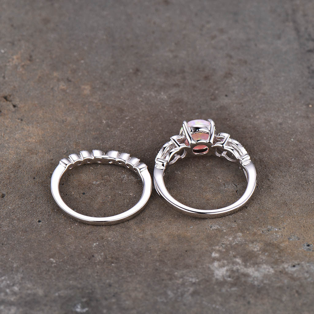 Floral Pink Fire Opal Engagement Ring Set 14k/18k White Gold