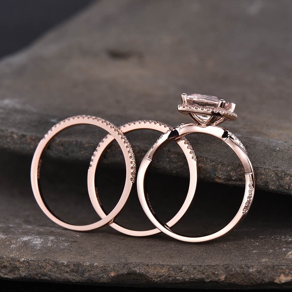 2.4 Carat Cushion Cut Morganite Rose Gold Wedding Set Diamond Bridal Ring 14k Infinity Stacking Matching Band