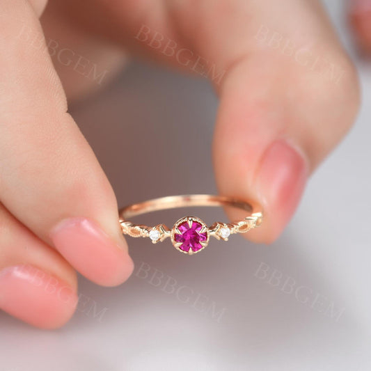 Dainty Ruby Engagement Ring Diamond Wedding Band In Yellow Gold 4mm Round Cut Wedding Ring