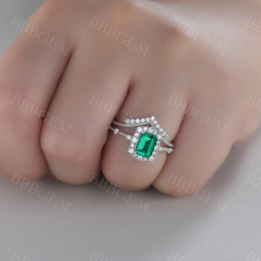 Emerald Gemstone Statement Ring Emerald Cut Wedding Ring Set