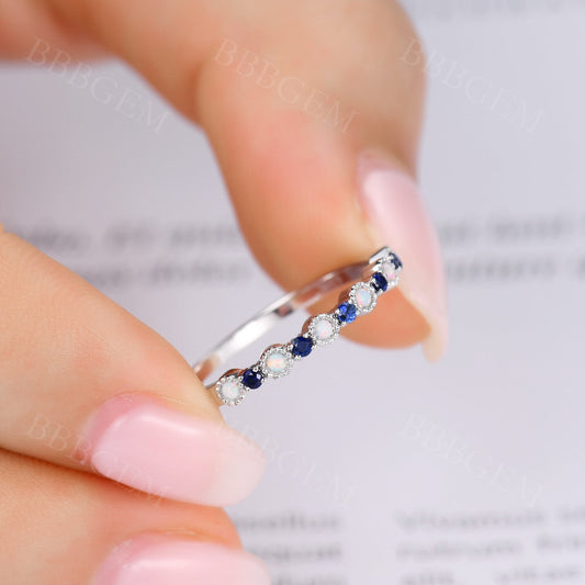 Dainty Round Cut Opal Sapphire Wedding Band Milgrain Band Rose Gold