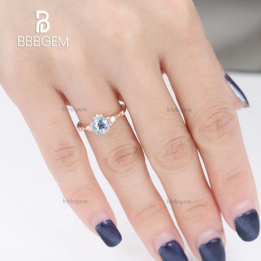 18K Rose Gold 5mm Round Aquamarine Moissanite Engagement Ring Beaded Decor Three Stone