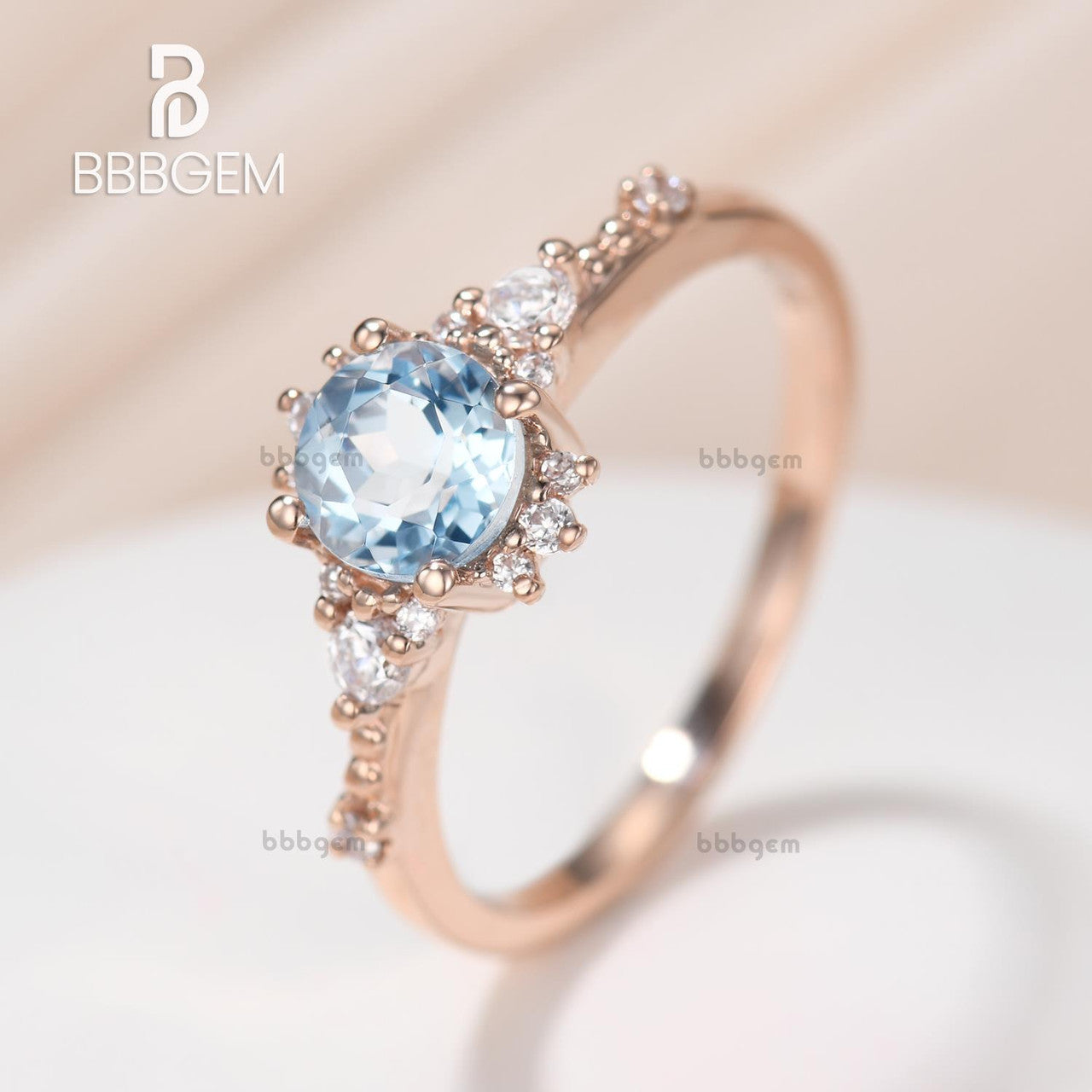 18K Rose Gold 5mm Round Aquamarine Moissanite Engagement Ring Beaded Decor Three Stone