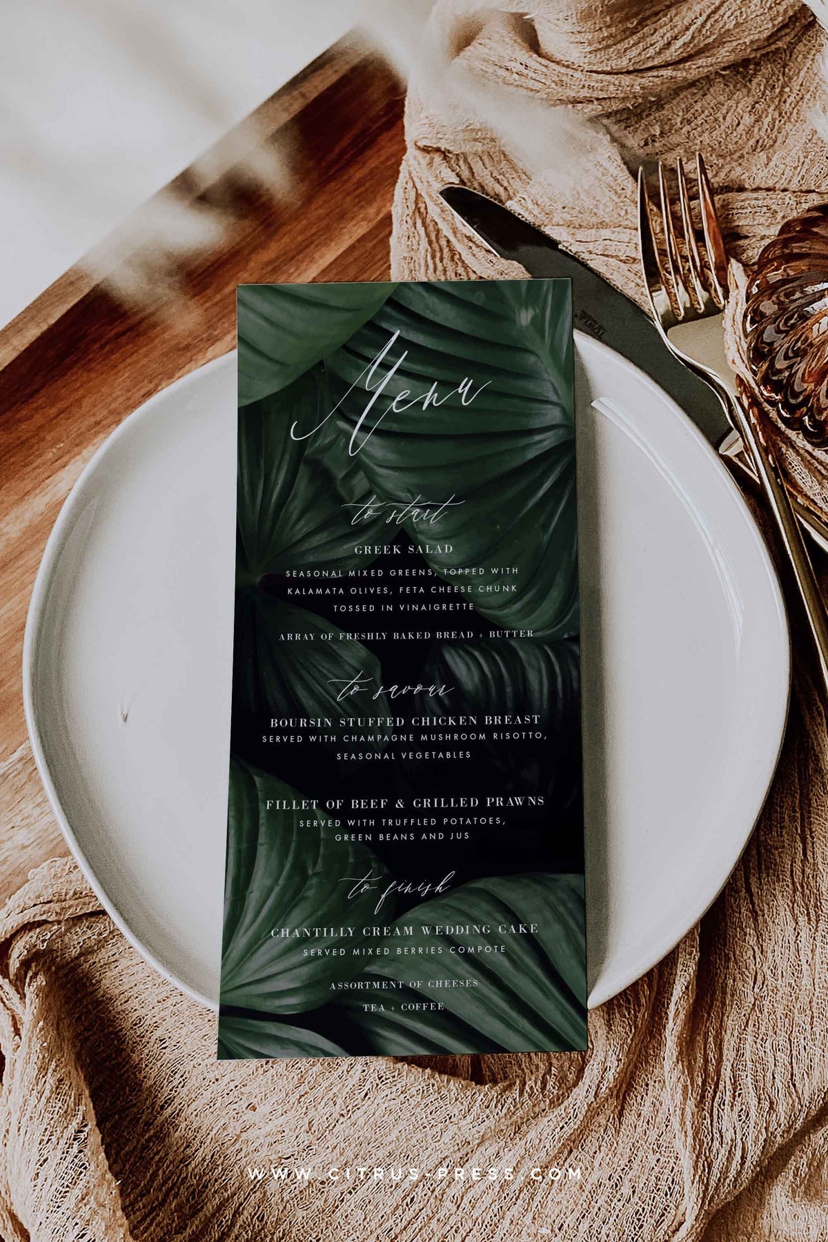 Dark Moody Palm Leaf Wedding Reception Menu Diy Printable Template