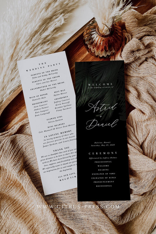 Dark Moody Tropical Wedding Ceremony Program | Astrid