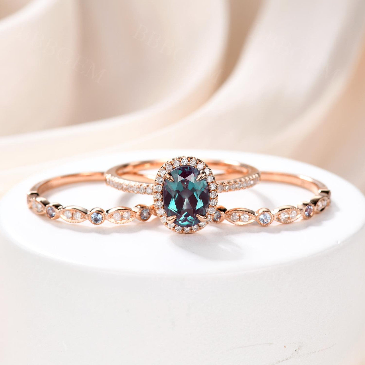 3pcs alexandrite bridal ring set