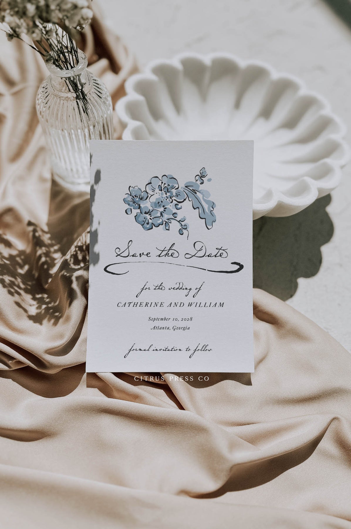 Doodle Blue Floral Save The Date | Catherine