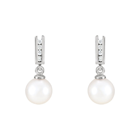 14k White Gold Akoya Cultured Pearl & Diamond Dangle Post Earrings
