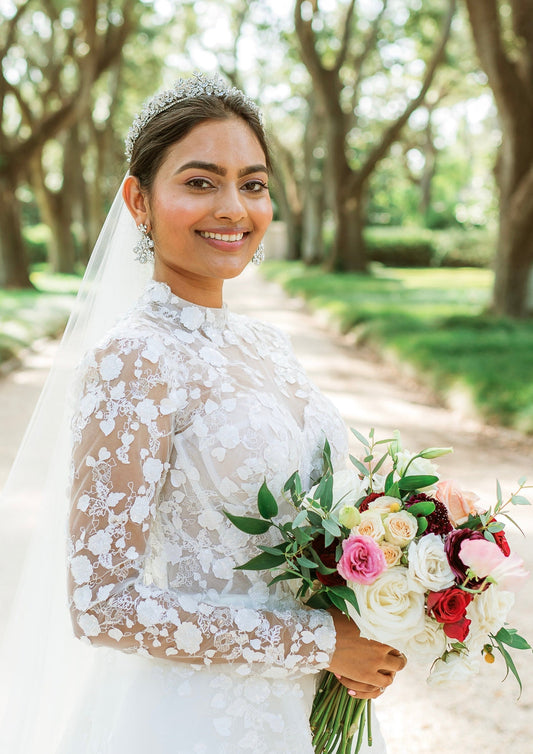 Ellee Real Bride Adorned With Mona Swarovski 3-D Wedding Tiara, Radiant Luxurious Bridal Tiara