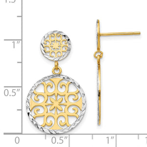 2-tone Diamond-cut Circle Drop Earrings in 14k Yellow Gold and Rhodium