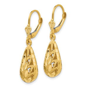 Teardrop Foliage Dangle Lever Back Earrings in 14k Yellow Gold