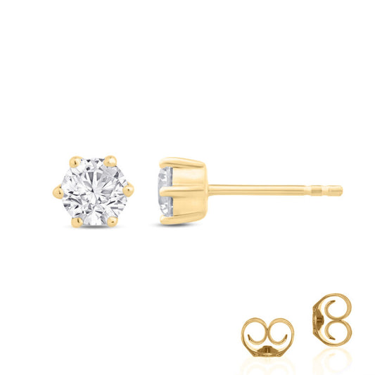 Lab Grown Yellow Gold Six Prong Diamond Stud Earrings