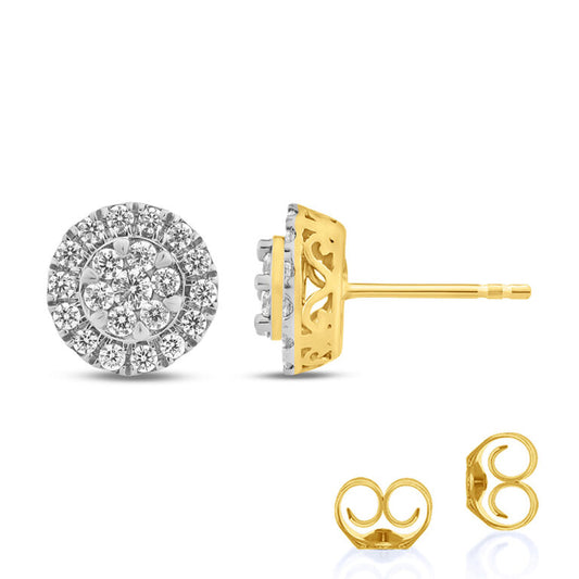 Round Cluster Yellow Gold Halo Diamond Stud Earrings