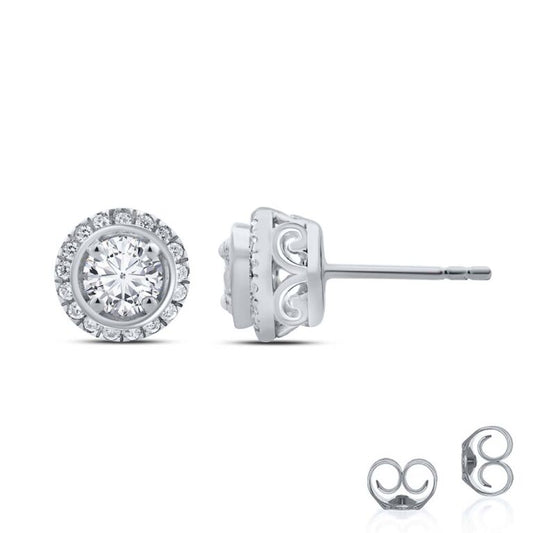 Lab Created White Gold Floral Halo Diamond Stud Earrings