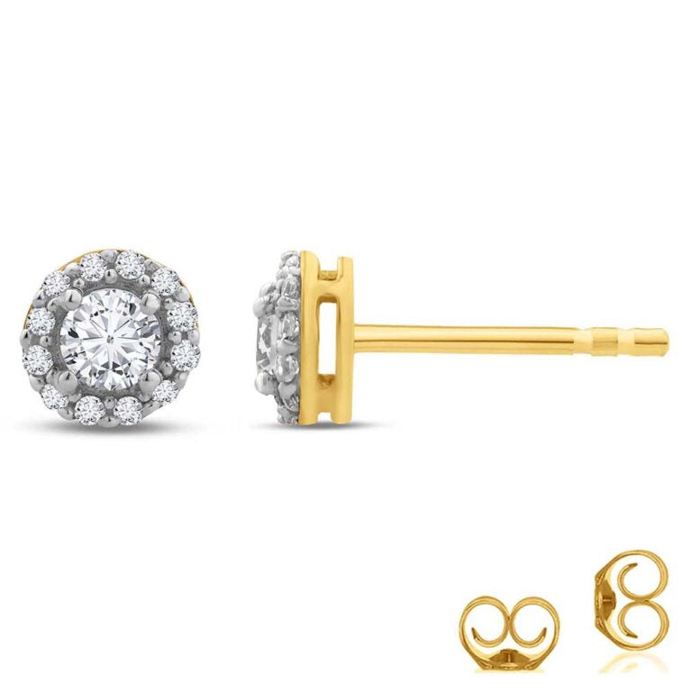 Lab Grown Yellow Gold Halo Diamond Stud Earrings