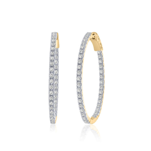 Dangling Yellow Gold Lab Grown In Out Diamond Hoop Earrings