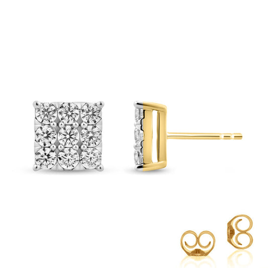 Definitive Yellow Gold Square Shaped Diamond Stud Earrings