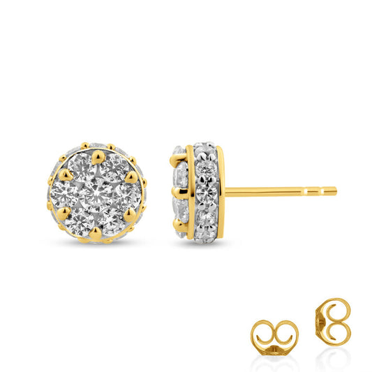 Hidden Halo Diamond Cluster Yellow Gold Earrings