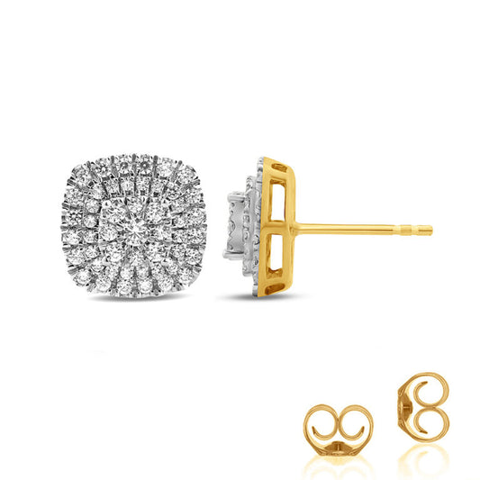 Cushion Shaped Yellow Gold Lab Grown Cluster Diamond Earrings