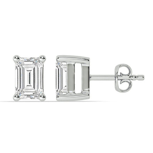 Certified White Gold Lab Grown Four Prong Emerald Cut Diamond Stud Earring
