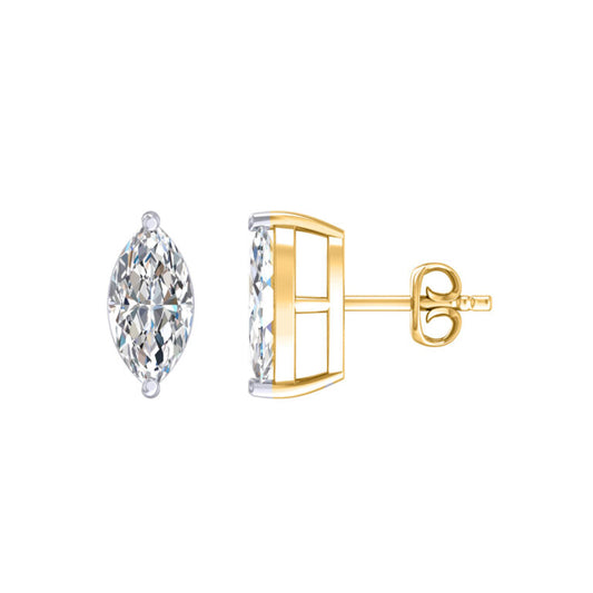 Certified Yellow Gold Lab Grown Four Prong Marquise Cut Diamond Stud Earring