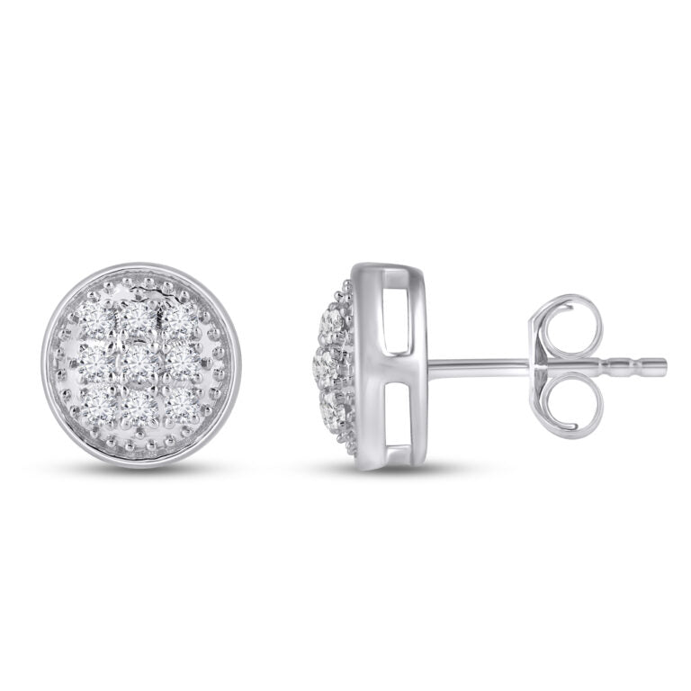 Classic Sterling Silver Cluster Diamond Studs Earrings