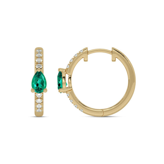 Celestial Tear Drop Lab Grown Diamond and Emerald Huggie Earrings