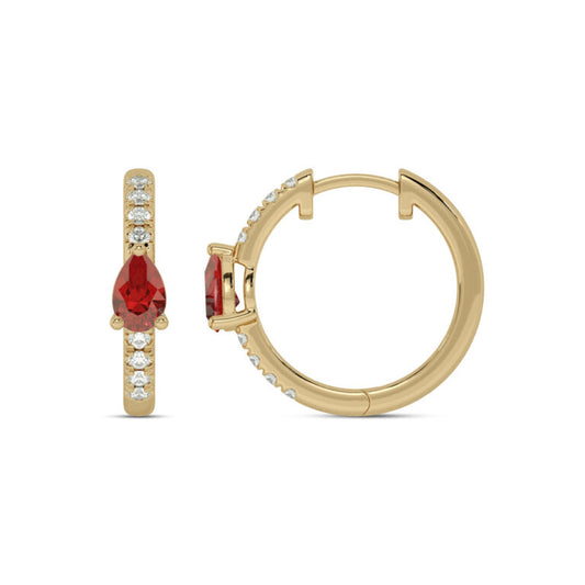 Celestial Tear Drop Lab Grown Diamond and Ruby Huggie Earrings