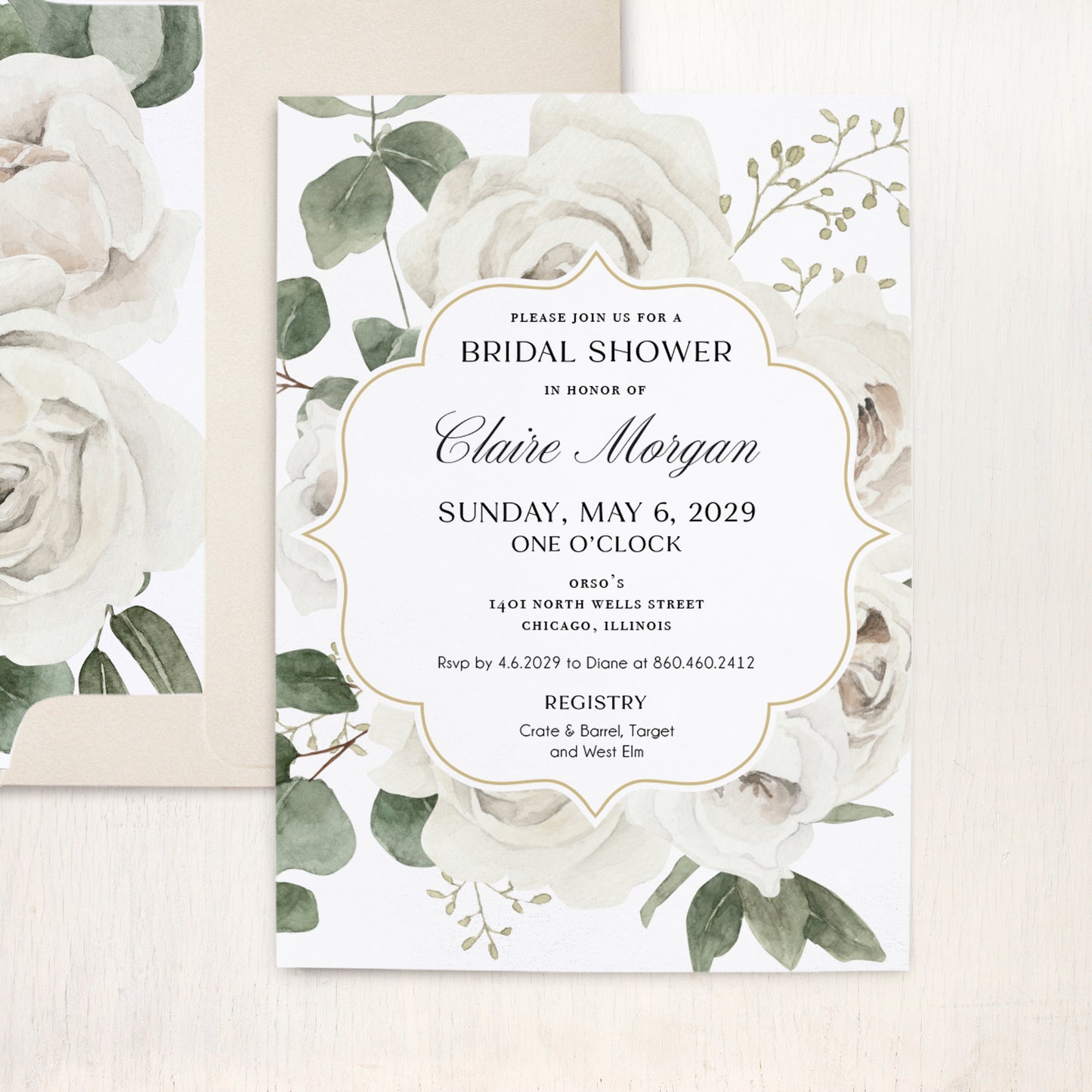 Elegant Ivory Rose Bridal Shower Invitations