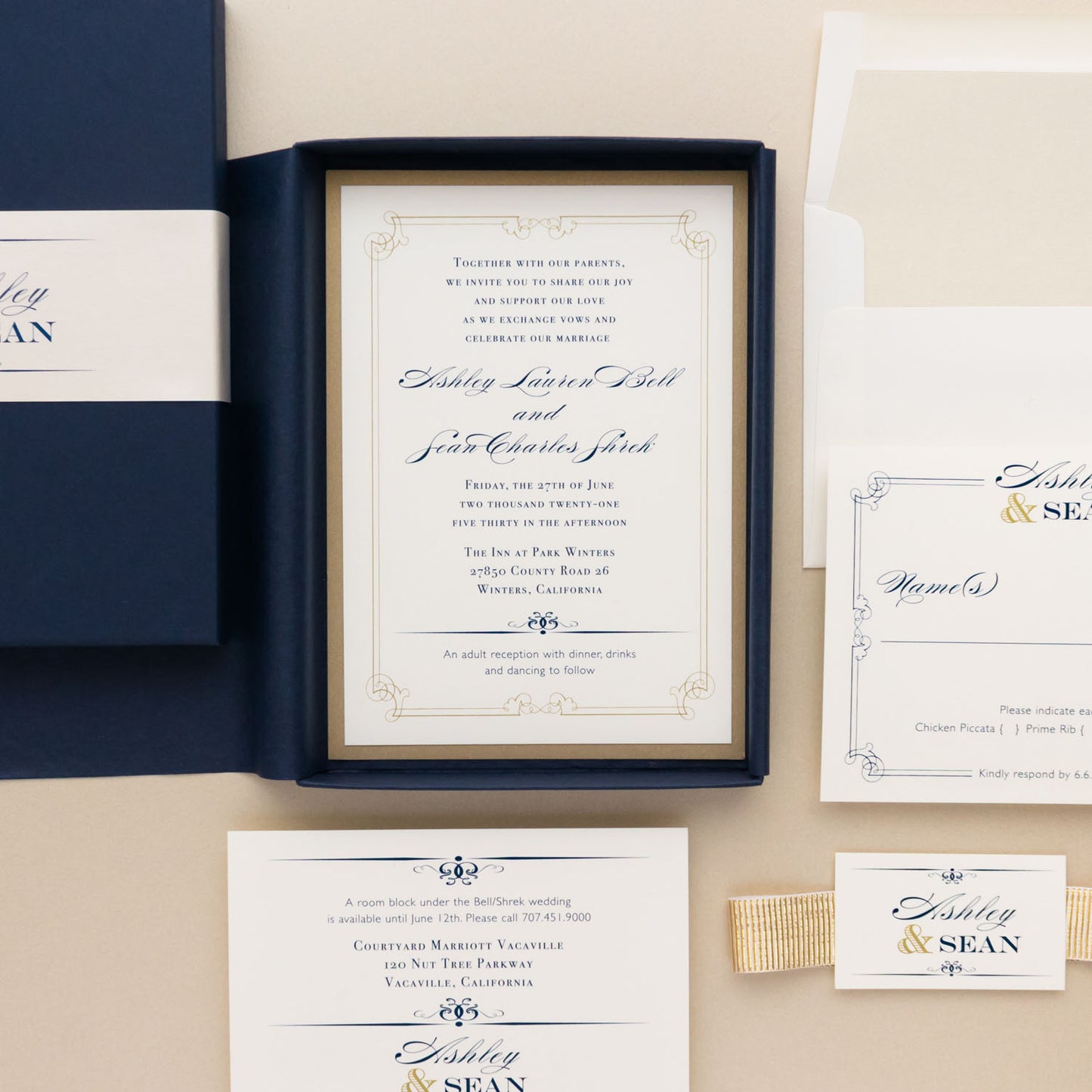 Boxed Elegant Navy Script Wedding Invitations