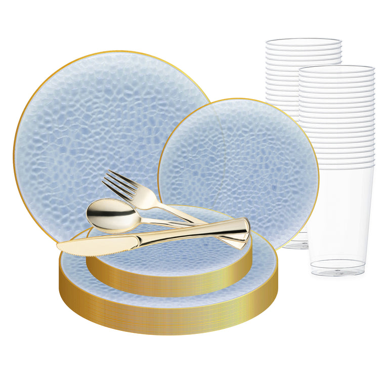 Clear Blue with Gold Rim Hammered Glass Disposable Plastic Wedding Value Set