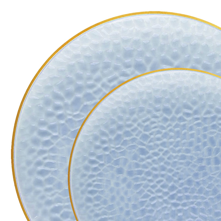 Clear Blue with Gold Rim Hammered Glass Disposable Plastic Dinnerware Value Set