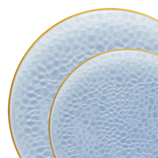 Clear Blue with Gold Rim Hammered Glass Disposable Plastic Dinnerware Value Set