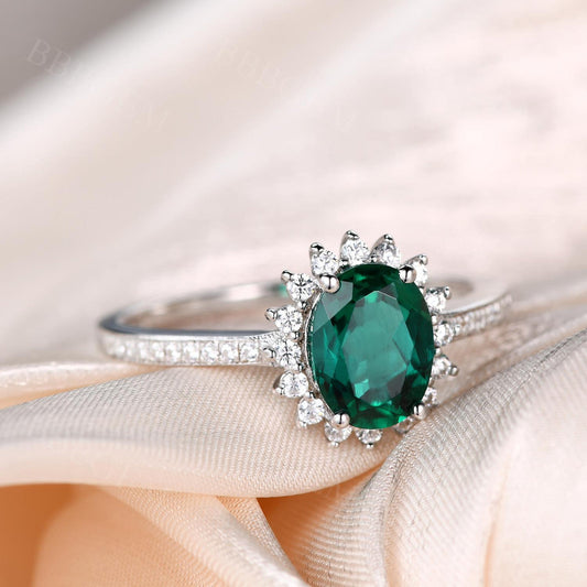 Emerald Engagement ring 6x8mm Oval Cut Vintage Emerald Ring White Gold CZ Wedding Ring