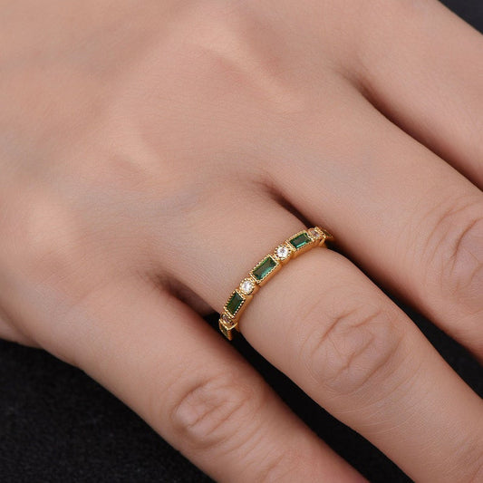 Emerald Wedding Band Half Eternity Band Art Deco Stacking Wedding Ring Anniversary Ring Sterling Silver Rose Gold Plated Milgrain